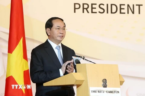 Chủ tịch nước Trần Đại Quang đến dự và phát biểu tại Diễn đàn Doanh nghiệp Việt Nam-Singapore. (Ảnh: Nhan Sáng/TTXVN)