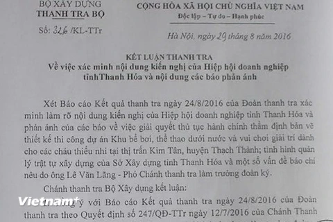 Văn bản kết luận của Thanh tra Bộ Xây dựng. (Ảnh: Trịnh Duy Hưng/Vietnam+) 