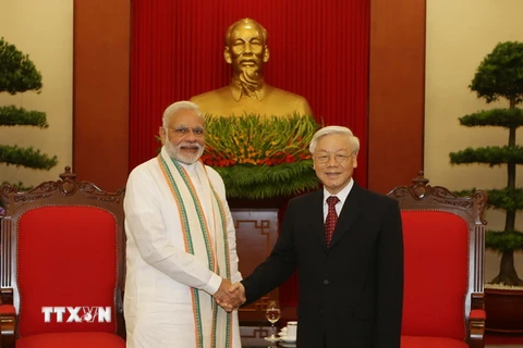 Tổng Bí thư Nguyễn Phú Trọng tiếp Thủ tướng Cộng hòa Ấn Độ Narendra Modi. (Ảnh: Trí Dũng/TTXVN)