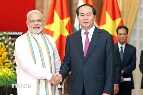 Chủ tịch nước Trần Đại Quang tiếp Ngài Narendra Modi, Thủ tướng Ấn Độ. (Ảnh: Nhan Sáng/TTXVN)