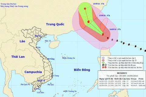 Vị trí và đường đi của siêu bão Meranti. (Nguồn: nchmf.gov.vn)