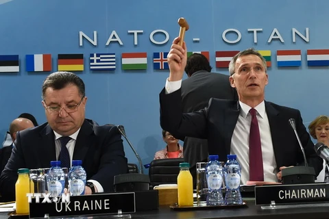 Tổng thư ký NATO Jens Stoltenberg (phải) và Bộ trưởng Quốc phòng Ukraine Stepan Poltorak (trái) trong một cuộc họp. (Nguồn: AFP/TTXVN)