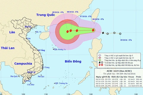 Đường đi và vị trí của bão Aere. (Nguồn: nchmf.gov.vn)