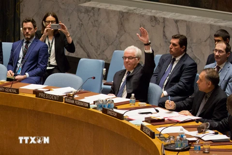 Đại sứ Nga tại LHQ Vitaly Churkin bỏ phiếu phủ quyết Nghị quyết của Pháp về vấn đề Syria. (Nguồn: AFP/TTXVN)