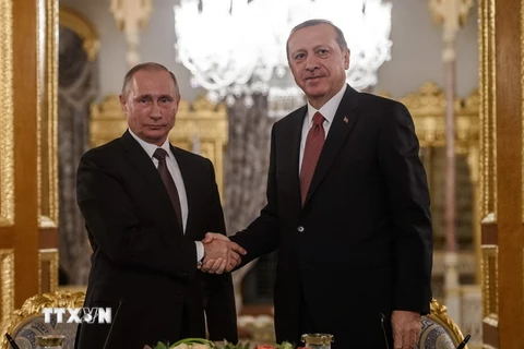Tổng thống Thổ Nhĩ Kỳ Recep Tayyip Erdogan (phải) có cuộc gặp với Tổng thống Nga Vladimir Putin đang trong chuyến thăm Thổ Nhĩ Kỳ. (Nguồn: AFP/TTXVN)