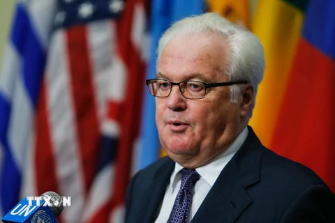 Đại sứ Nga tại Liên hợp quốc Vitaly Churkin trong một cuộc họp báo ở New York, Mỹ. (Nguồn: AFP/TTXVN)