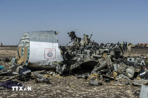 Mảnh vỡ máy bay A321 tại hiện trường ở Wadi al-Zolomat, bán đảo Sinai, Ai Cập. (Nguồn: AFP/TTXVN)