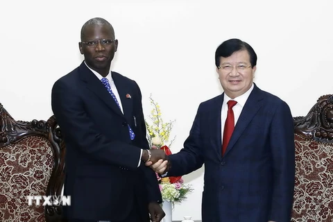 Phó Thủ tướng Trịnh Đình Dũng tiếp Giám đốc Quốc gia Ngân hàng thế giới tại Việt Nam Ousmane Dione. (Ảnh: An Đăng/TTXVN) 