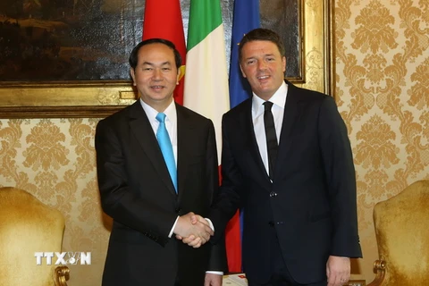 Chủ tịch nước Trần Đại Quang hội kiến với Thủ tướng Italy Matteo Renzi. (Ảnh: Nhan Sáng/TTXVN)