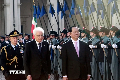 Tổng thống Italy Sergio Mattarella và Chủ tịch nước Trần Đại Quang duyệt đội danh dự. (Ảnh: Nhan Sáng/TTXVN)
