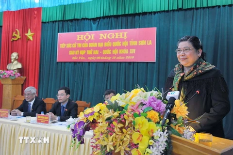 Phó Chủ tịch Quốc hội Tòng Thị Phóng trả lời ý kiến cử tri huyện Bắc Yên, tỉnh Sơn La. (Ảnh: Diệp Anh/TTXVN)