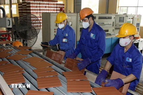 Dây chuyền sản xuất gạch ốp lát tại Công ty Viglacera Hạ Long. (Ảnh: Thế Duyệt/TTXVN)