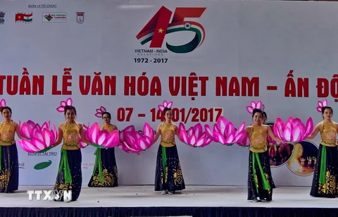 Các tiết mục múa truyền thống do các thành viên Hội Hữu nghị Việt-Ấn biểu diễn chào mừng Tuần lễ văn hóa Việt Nam-Ấn Độ. (Ảnh: Thế Anh/TTXVN)