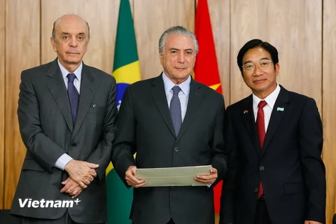 Đại sứ Đỗ Bá Khoa trình Quốc thư lên Tổng thống Brazil Michel Temer. (Nguồn: Phủ Tổng thống Brazil) 