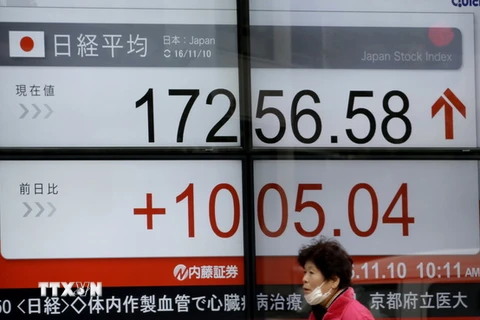 Bảng tỷ giá chứng khoán tại thủ đô Tokyo. (Nguồn: AP/TTXVN)