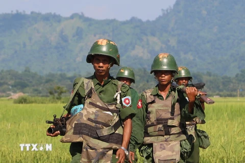 Binh sỹ Myanmar tuần tra tại khu vực làng Maungdaw, bang Rakhine. (Nguồn: AFP/TTXVN)