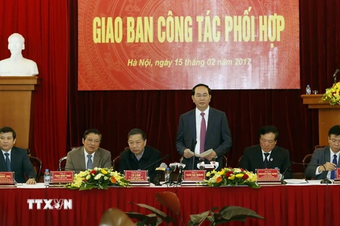 Chủ tịch nước Trần Đại Quang, Trưởng Ban Chỉ đạo Cải cách Tư pháp Trung ương dự và phát biểu chỉ đạo. (Ảnh: Nhan Sáng/TTXVN)