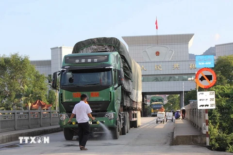 Phun thuốc khử trùng cho các phương tiện xuất nhập khẩu hàng hóa qua cửa khẩu quốc tế Tà Lùng, huyện Phục Hòa. (Ảnh: Quân Trang/TTXVN)