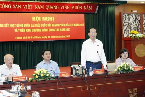 Chủ tịch nước Trần Đại Quang phát biểu tại hội nghị. (Ảnh: Nhan Sáng/TTXVN)