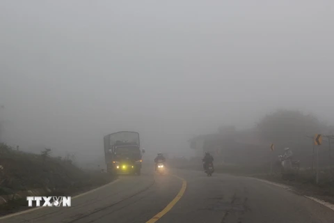 Tuyến Quốc lộ 6 đoạn qua huyện Mộc Châu, tỉnh Sơn La bị sương mù dày đặc. (Ảnh Công Luật/TTXVN)