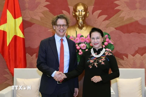 Chủ tịch Quốc hội Nguyễn Thị Kim Ngân tiếp Đại sứ Thụy Điển tại Việt Nam Pereric Hogberg đến chào xã giao. (Ảnh: Trọng Đức/TTXVN)