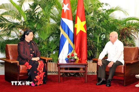Phó Chủ tịch Quốc hội Việt Nam tiếp kiến Bí thư thứ hai Đảng Cộng sản Cuba José Ramón Machado Ventura. (Ảnh: Lê Hà/TTXVN)