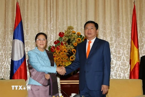 Bí thư Thành ủy Thành phố Hồ Chí Minh Đinh La Thăng tiếp Chủ tịch Quốc hội Lào Pany Yathotou. (Ảnh: Thanh Vũ/TTXVN)