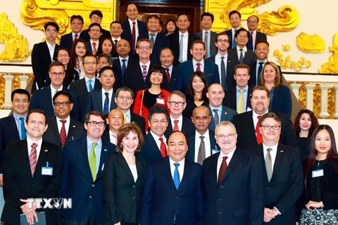 Thủ tướng Nguyễn Xuân Phúc tiếp đoàn Hội đồng Doanh nghiệp Hoa Kỳ​-ASEAN. (Ảnh: Thống Nhất/TTXVN)
