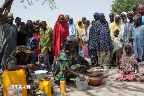 Người dân chờ nhận lương thực cứu trợ tại một trại tị nạn ở Dikwa, Nigeria. (Nguồn: AFP/TTXVN)