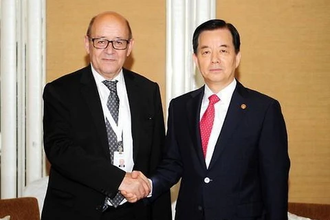 Bộ trưởng Quốc phòng Hàn Quốc Han Min-koo và người đồng cấp Jean-Yves Le Drian trong một cuộc gặp. (Nguồn: Yonhap)
