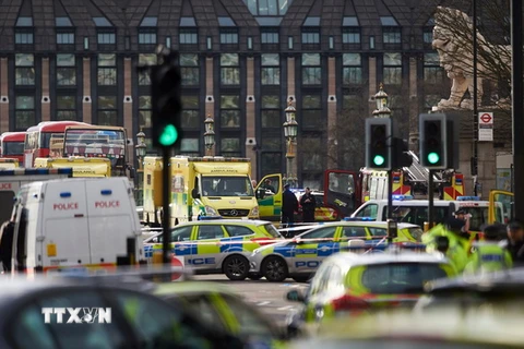 Cảnh sát Anh phong tỏa hiện trường vụ tấn công bên ngoài tòa nhà Quốc hội ở London. (Nguồn: AFP/TTXVN)