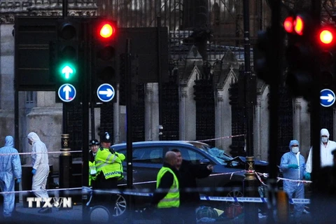 Cảnh sát Anh điều tra tại hiện trường vụ tấn công bên ngoài tòa nhà Quốc hội ở London. (Nguồn: AFP/TTXVN)