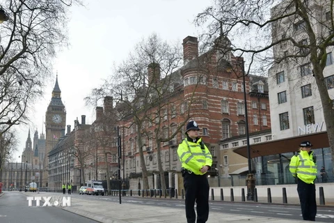 Cảnh sát tăng cường an ninh tại khu vực tòa nhà Quốc hội Anh ở London sau vụ tấn công. (Nguồn: AFP/TTXVN)