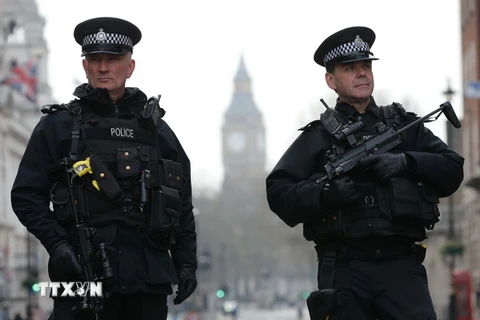Cảnh sát gác bên ngoài tòa nhà Quốc hội Anh ở London sau vụ tấn công khủng bố. (Nguồn: AFP/TTXVN)