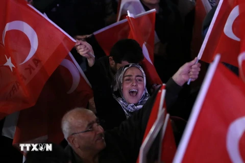 Những người ủng hộ đảng Công lý và Phát triển của Tổng thống Recep Tayyip Erdogan míttinh sau khi kết quả trưng cầu dân ý được công bố. (Nguồn: EPA/TTXVN)