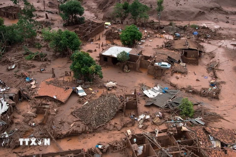 Bùn tràn ngập thị trấn Bento Rodrigues sau vụ vỡ đập. (Nguồn: AFP/TTXVN)