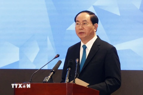 Chủ tịch nước Trần Đại Quang đến dự và phát biểu. (Ảnh: Văn Điệp/TTXVN) 
