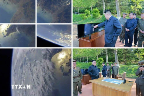 Nhà lãnh đạo Triều Tiên Kim Jong-un (ảnh trên và dưới, bên phải) theo dõi vụ phóng tên lửa Hwasong-12 ở Pukchang, tỉnh Nam Pyongan. (Nguồn: Yonhap/TTXVN)