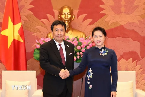 Chủ tịch Quốc hội Nguyễn Thị Kim Ngân tiếp ông Edano Yukio, Phó Tổng Thư ký Đảng Dân tiến Nhật Bản. (Ảnh: Trọng Đức/TTXVN)