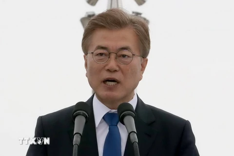 Tổng thống Hàn Quốc Moon Jae-in phát biểu tại một sự kiện ở Gunsan. (Nguồn: YONHAP/TTXVN)