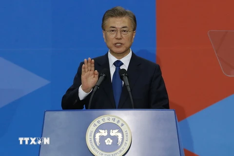 Tổng thống Hàn Quốc Moon Jae-in tại một buổi lễ ở Seoul. (Nguồn: AFP/TTXVN)