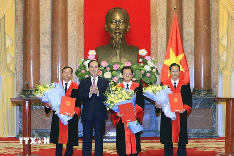 Chủ tịch nước Trần Đại Quang trao Quyết định bổ nhiệm Phó Chánh án, Thẩm phán Tòa án nhân dân tối cao. (Ảnh: Nhan Sáng/TTXVN)