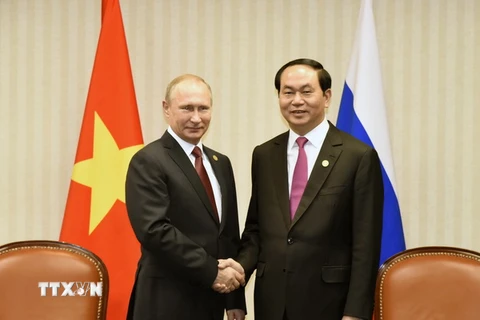 Chủ tịch nước Trần Đại Quang gặp Tổng thống Liên bang Nga Putin trong khuôn khổ Tuần lễ Cấp cao APEC lần thứ 24 tại Peru. (Nguồn: TTXVN)