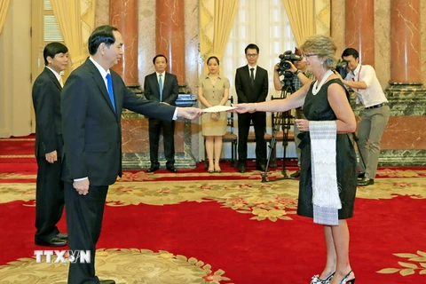 Chủ tịch nước Trần Đại Quang tiếp Đại sứ Đặc mệnh toàn quyền Vương quốc Tây Ban Nha tại Việt Nam đến trình Quốc thư. (Ảnh: Nhan Sáng/TTXVN)