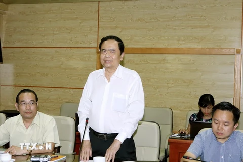 Chủ tịch Ủy ban Trung ương Mặt trận Tổ quốc Việt Nam Trần Thanh Mẫn phát biểu kết luận buổi làm việc. (Ảnh: Nguyễn Dân/TTXVN)
