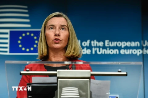 Đại diện cấp cao về chính sách an ninh và đối ngoại của EU Federica Mogherini trong cuộc họp báo ở Brussels, Bỉ. (Nguồn: AFP/TTXVN)