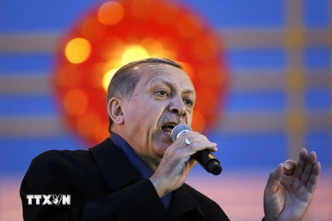 Tổng thống Thổ Nhĩ Kỳ Recep Tayyip Erdogan phát biểu tại một cuộc míttinh ở Ankara. (Nguồn: EPA/TTXVN)