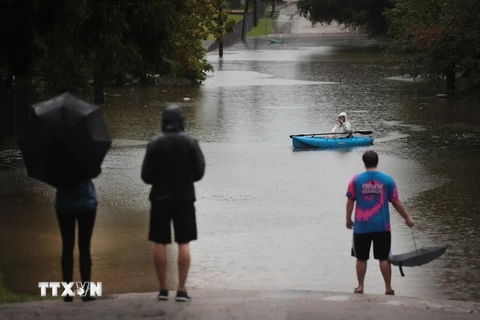 Di chuyển bằng xuồng do ngập lụt trên các tuyến phố ở Houston khi bão Harvey đổ bộ. (Nguồn: AFP/TTXVN)