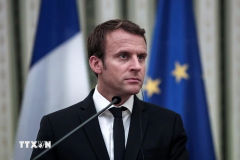 Tổng thống Pháp Emmanuel Macron phát biểu tại Athens. (Nguồn: AFP/TTXVN)