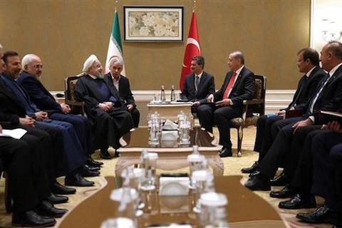 Tổng thống Iran Hassan Rouhani và người đồng cấp Thổ Nhĩ Kỳ Recep Tayyip Erdogan tại cuộc gặp trước thềm Hội nghị thượng đỉnh OIC. (Nguồn: APA)